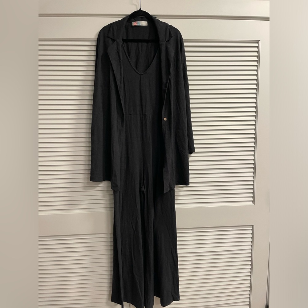 FP Beach 2 Piece Set. Wide Leg Jumpsuit & Jacket. Linen Knit Material. Size L.